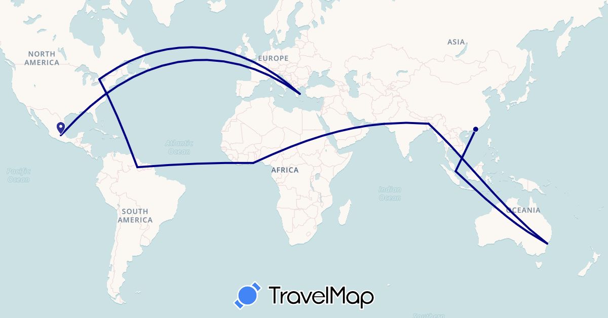 TravelMap itinerary: driving in Australia, Bangladesh, Canada, China, Ghana, Greece, Guyana, Mexico, Pakistan, Singapore (Africa, Asia, Europe, North America, Oceania, South America)